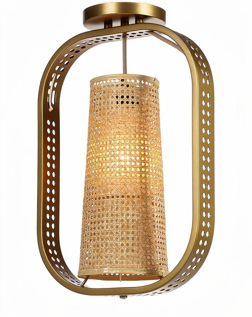 **Technische titel in het Nederlands: Elegante gouden hanglamp met gevlochten rieten kap**