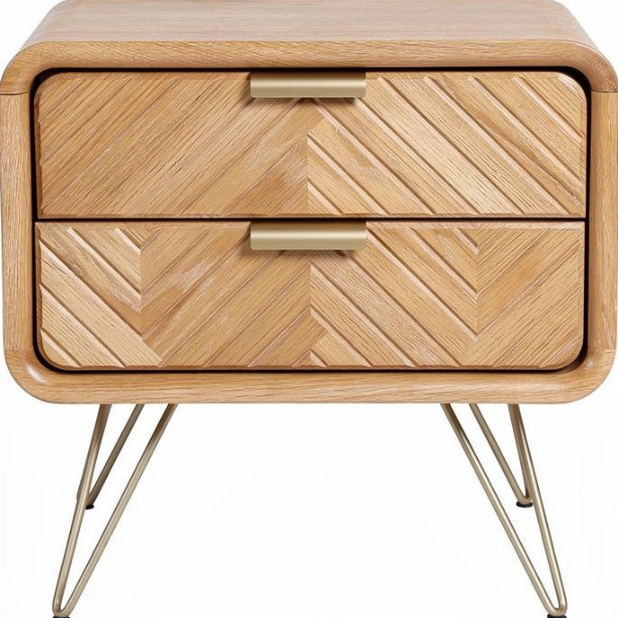 **Technische titel in het Nederlands: Moderne nachtkast met houten afwerking en geometrisch patroon**