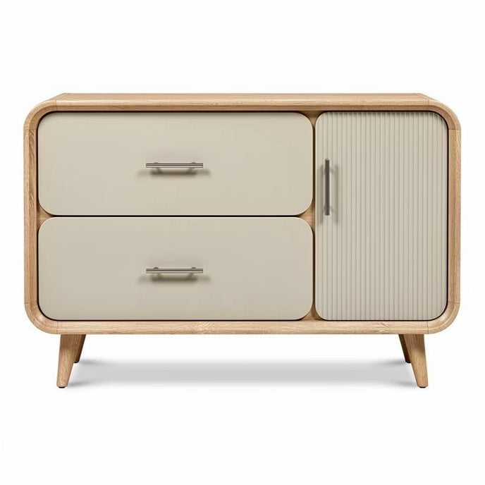 **Technische titel in het Nederlands: Moderne houten ladekast met afgeronde hoeken en stijlvolle grepen**